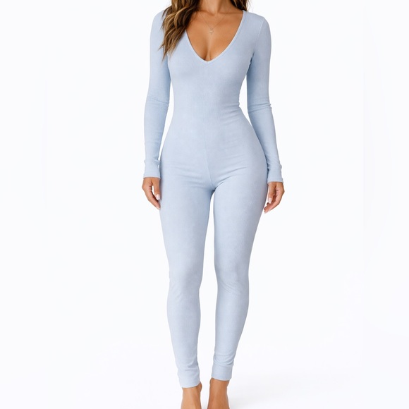 naked wardrobe Other - NWT Naked Wardrobe Light Blue Ribbed Jumpsuit M V Neck Bodycon Full Length